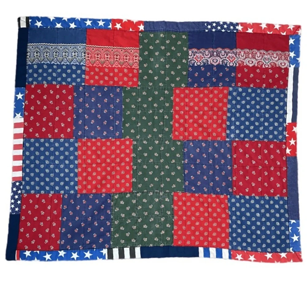 60’s 70’s Patchwork Quilt Vintage Hand Crafted Patriotic Boho Farmhouse Cottage